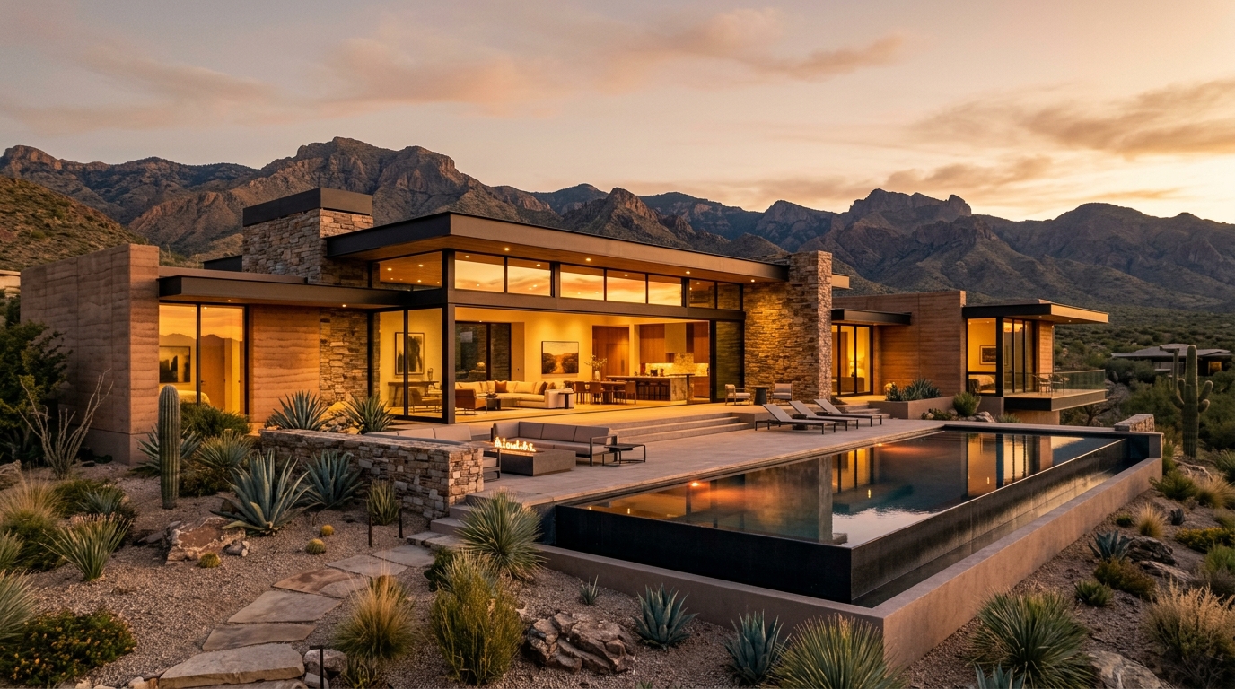 Luxury modern villa at golden hour